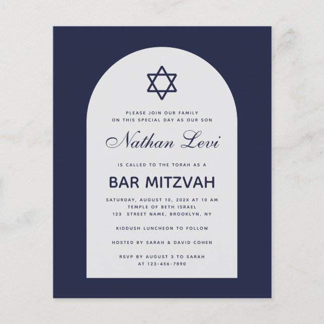 Invitation de Bar Mitzvah Budget Bleu Marine Arche (Devant)