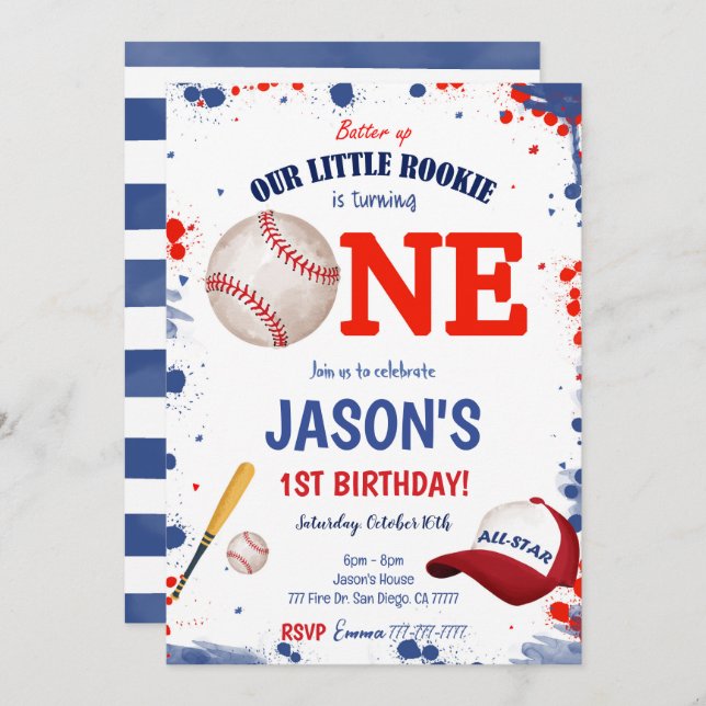 Invitation de baseball pour premier anniversaire  (Devant / Derrière)