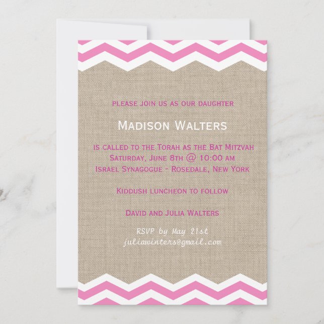 Invitation de Bat Mitzvah à chevrons roses sur toi (Devant)