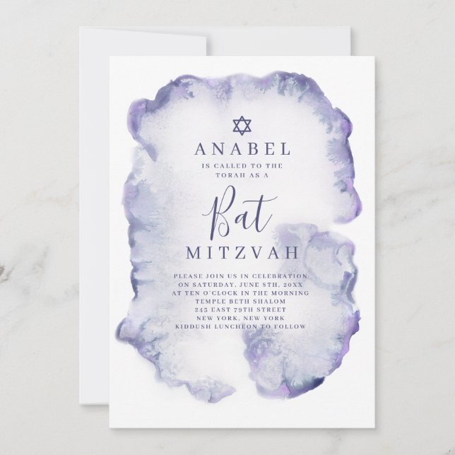 Invitation de Bat Mitzvah à l'aquarelle violette (Devant)