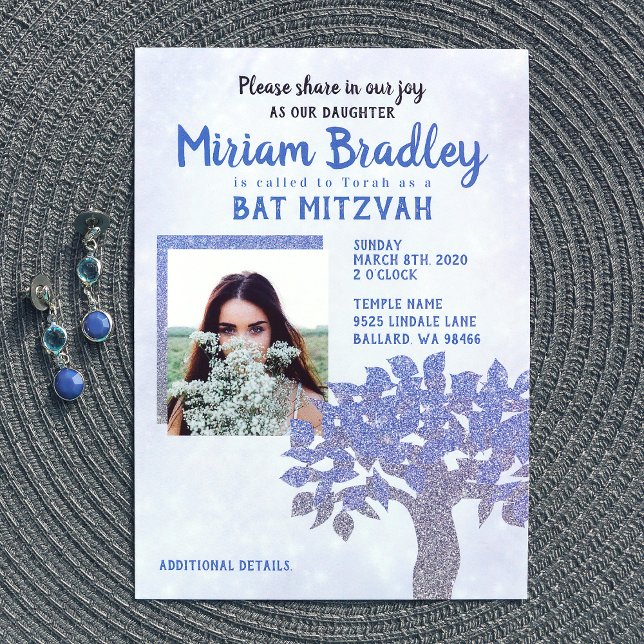 Invitation de Bat Mitzvah arbre pailleté bleu et a (light blue, silver glitter tree of life bat mitzvah invitation)