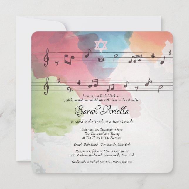 Invitation de Bat Mitzvah avec des notes de musiqu (Devant)
