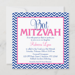 Invitation de Bat mitzvah bleu rose de Chevron Nav