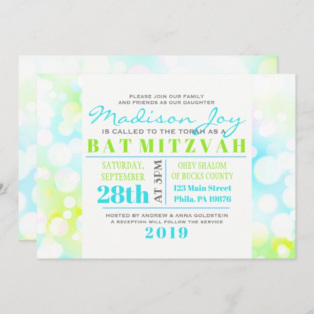 Invitation de Bat Mitzvah BULLLES LUMINEUSES (Devant / Derrière)