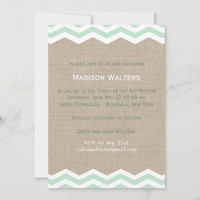 Invitation de Bat Mitzvah Chevrons Menthe sur Toil (Devant)