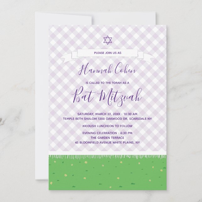 Invitation de Bat Mitzvah de jardin à carreaux (Devant)
