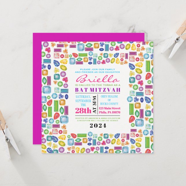 Invitation de Bat Mitzvah de pierre précieuse BLIN (Devant/Arrière en situation)