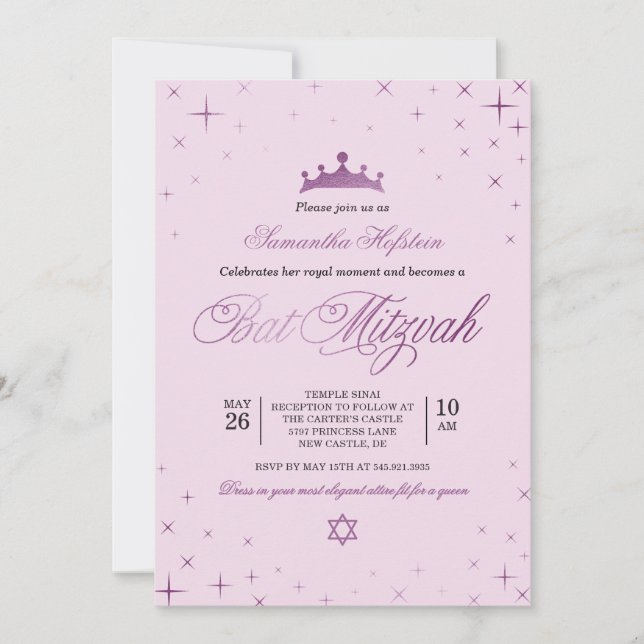Invitation de Bat Mitzvah de princesse Couronne Ro (Devant)