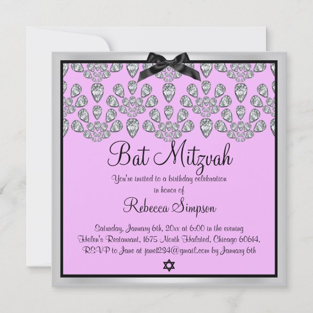 Invitation de Bat Mitzvah Diamonds Silver & Pink F (Devant)