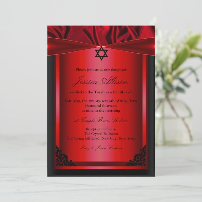 Invitation de bat mitzvah en soie rouge et noir (Debout devant)
