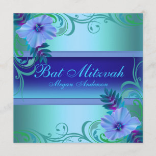 Invitation de Bat Mitzvah Fleur Vibrante Bleue