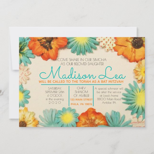 Invitation de Bat Mitzvah Fleurs en Papier (Devant)