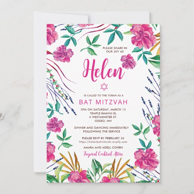 Invitation de Bat Mitzvah Floral Tropical (Devant)