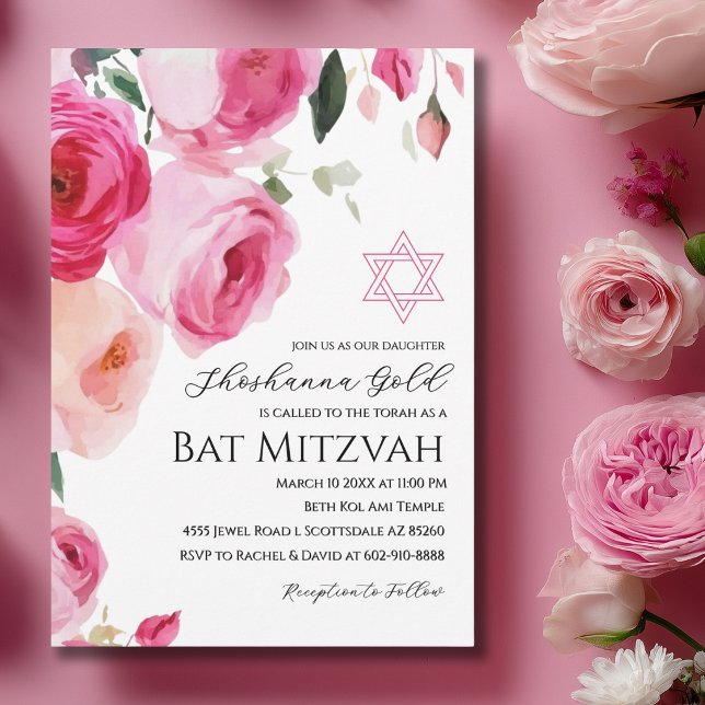 Invitation de Bat Mitzvah florale moderne rose (Créateur téléchargé)