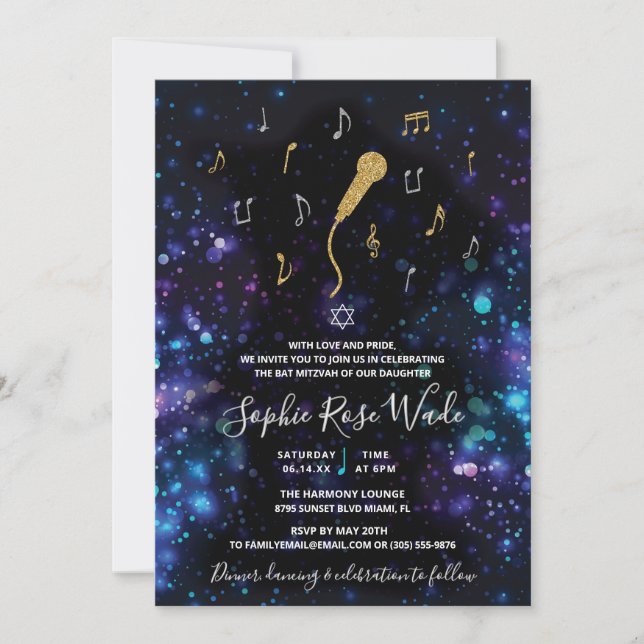 Invitation de Bat Mitzvah musicale Microphone (Devant)