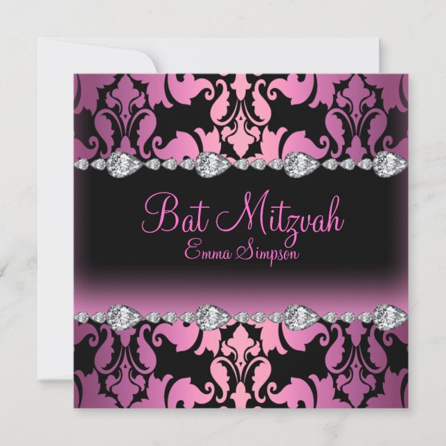 Invitation de Bat Mitzvah Pink & Black Damask & Di (Devant)