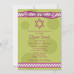 Invitation de Bat mitzvah Pois Rose Green Bow