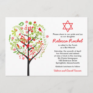 Invitation de Bat mitzvah Red Green Tree of Life