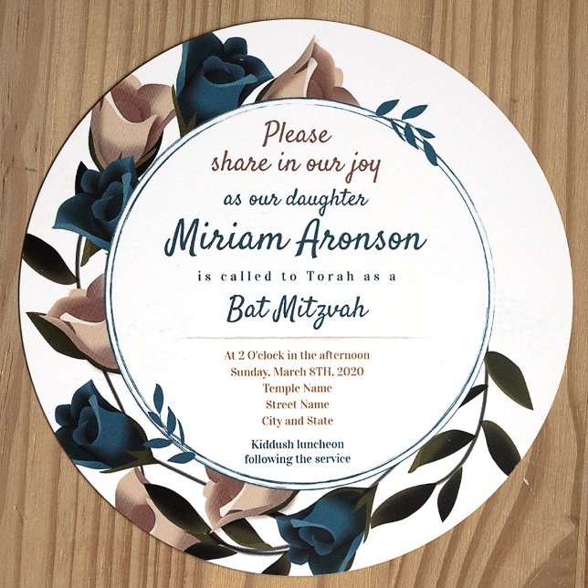 Invitation de Bat mitzvah Rose Beige Turquoise uni (Unique round bat mitzvah invitation with teal and beige roses around border)