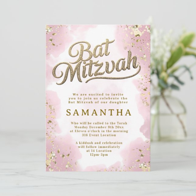 Invitation de Bat Mitzvah Rose et Or (Debout devant)