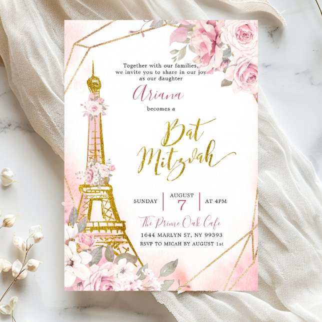 Invitation de Bat Mitzvah Rose Pâle à Paris (Créateur téléchargé)