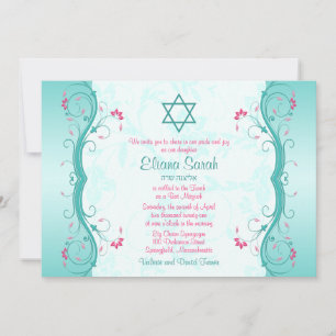 Invitation de Bat mitzvah rose turquoise