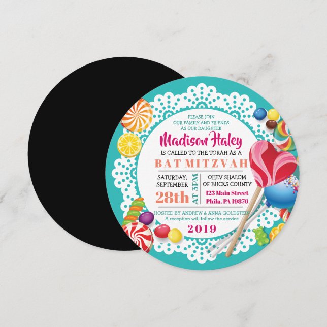 Invitation de Bat Mitzvah ROUND CANDY STORE (Devant / Derrière)