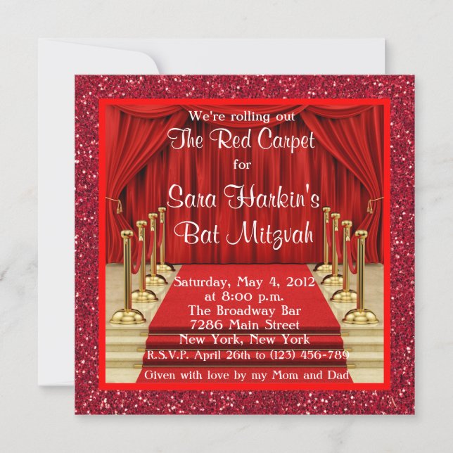Invitation de Bat Mitzvah sur tapis rouge pailleté (Devant)