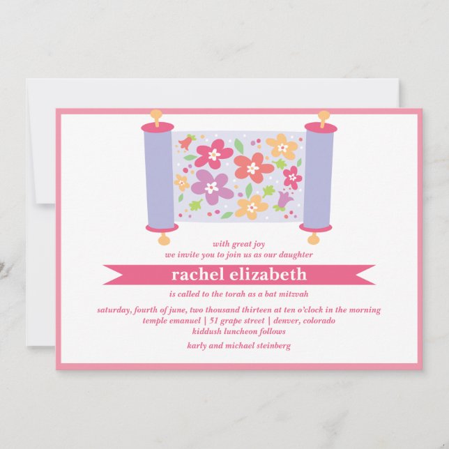 Invitation de Bat Mitzvah Torah florale (Devant)