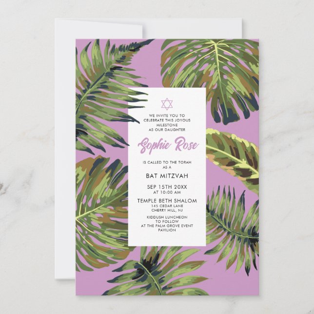 Invitation de Bat Mitzvah tropicale Feuille de Pal (Devant)