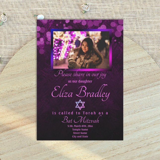 Invitation de Bat Mitzvah Violet Royal avec reflet (royal purple bat mitzvah or quinceanera invitation)