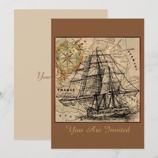 Invitation de bateau et carte vintage (Devant / Derrière)