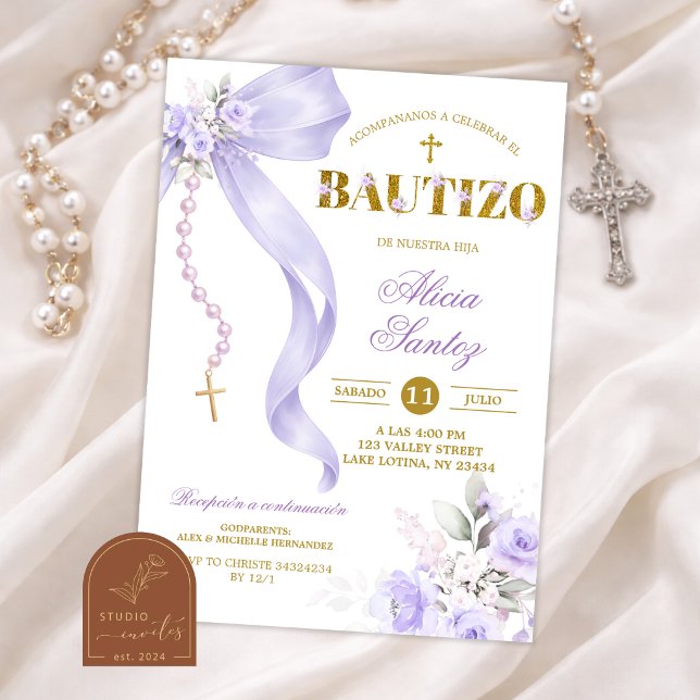 Invitation de Bautizo de Rosaire Coquette à Ruban  (Créateur téléchargé)