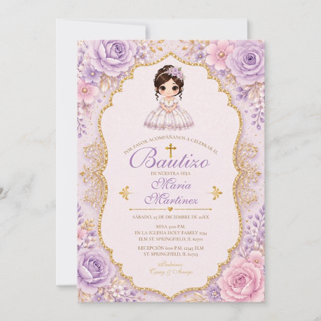 Invitation de Bautizo Fleurie Lavande pour Fille a (Devant)