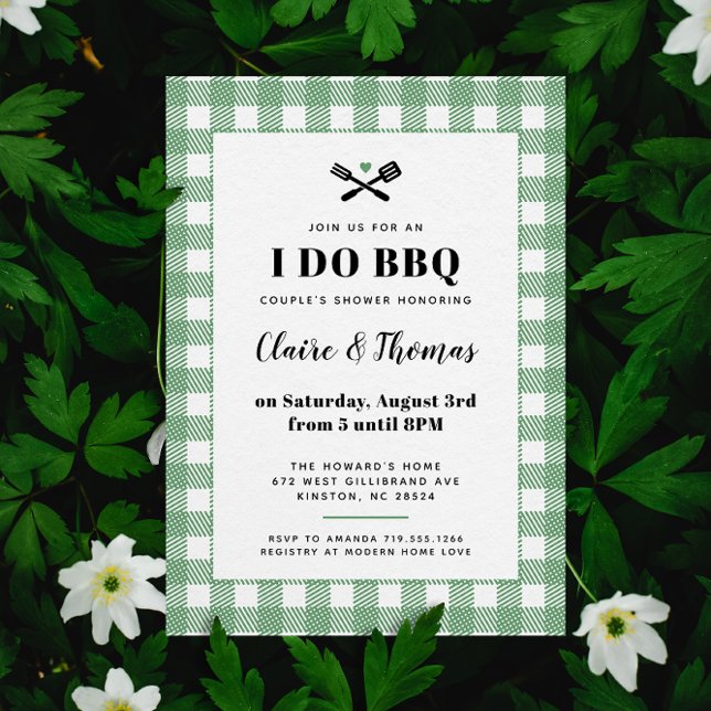 Invitation de BBQ pour le Pique-Nique Vert à Carre (Green and white sweet country gingham plaid I Do BBQ wedding party invitation )