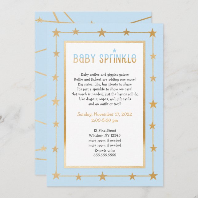 invitation de bébé des Blue Gold Stars (Devant / Derrière)