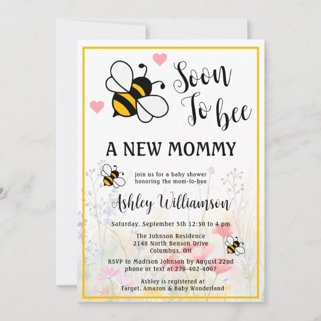 Invitation de bébé floral maman-à-abeille (Devant)