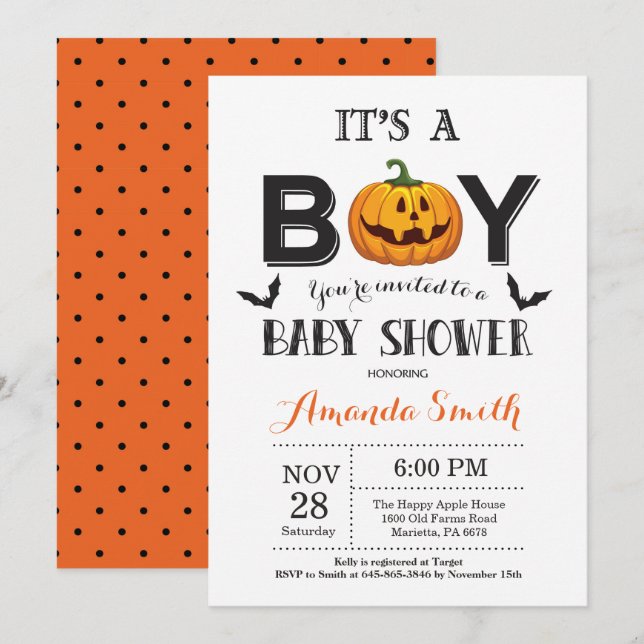 Invitation de bébé garçon douche Halloween (Devant / Derrière)