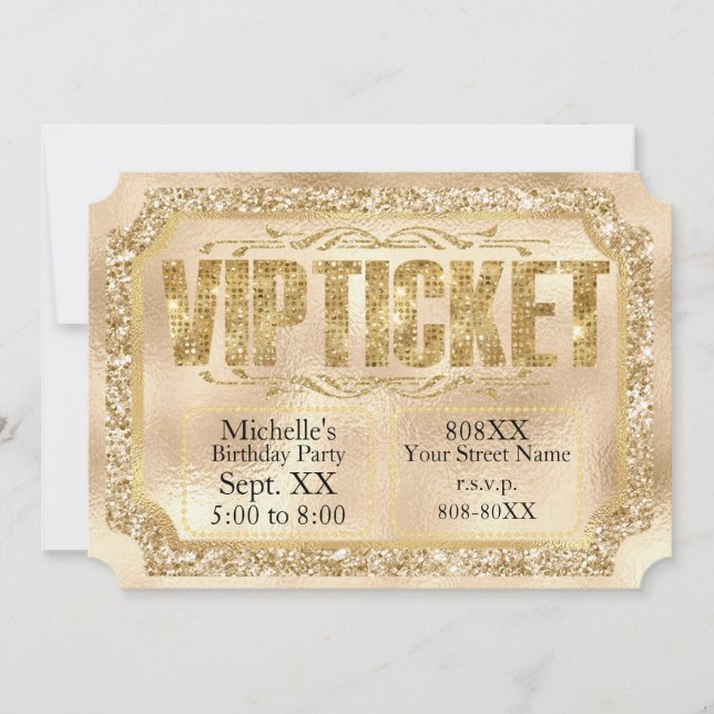Invitation de billet avec paillettes d'or et diama (Devant)