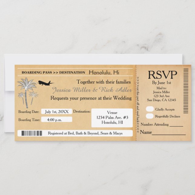 Invitation de billet de destination de mariage vin (Devant)