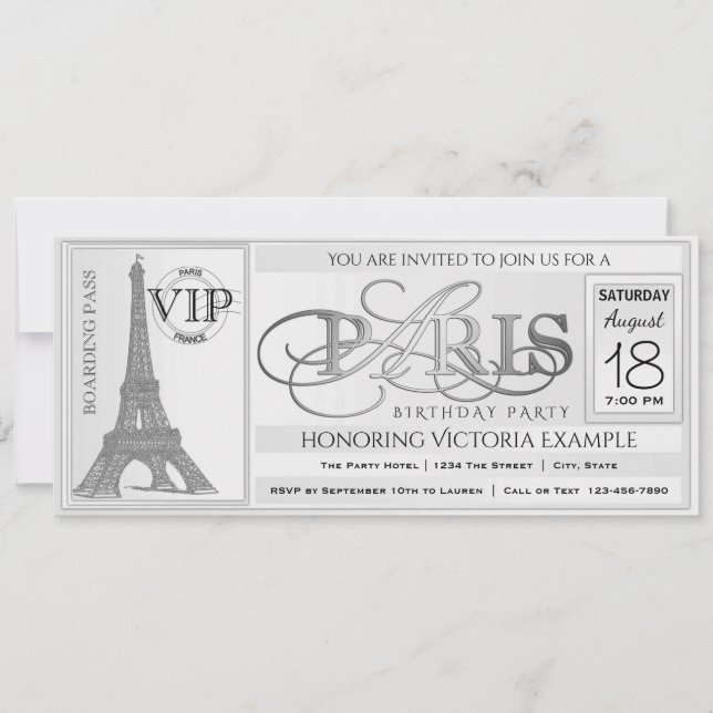 Invitation de billet de fête d'anniversaire à Pari (Devant)