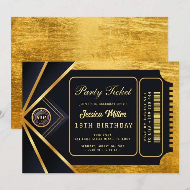 Invitation de billet de fête doré (Devant / Derrière)