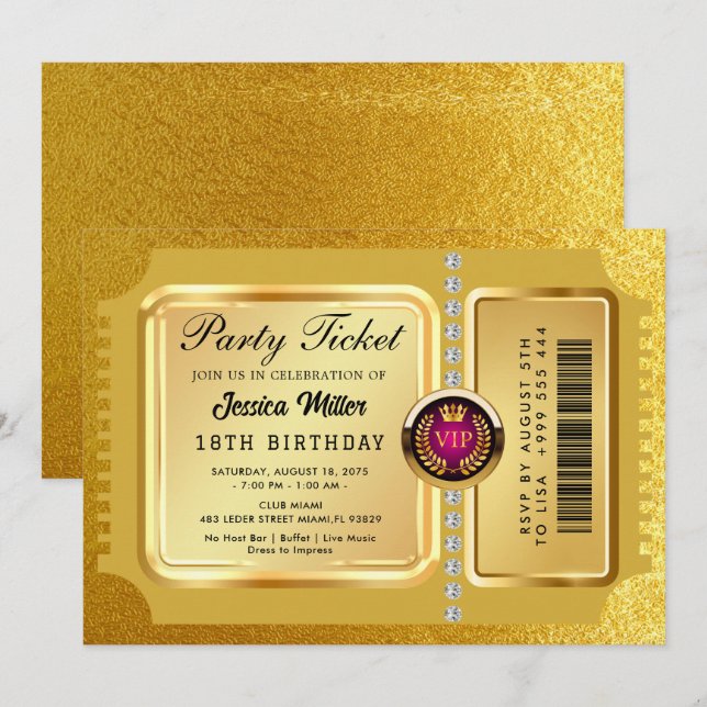 Invitation de billet de fête doré (Devant / Derrière)