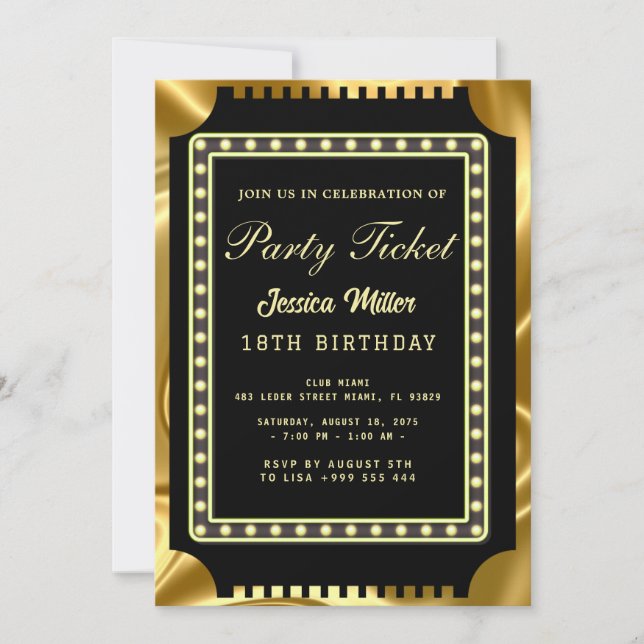 Invitation de billet de fête doré (Devant)