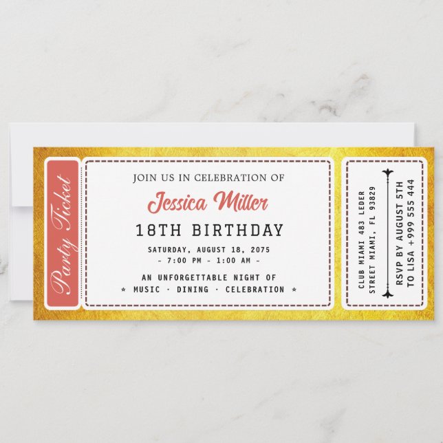 Invitation de billet de fête doré (Devant)