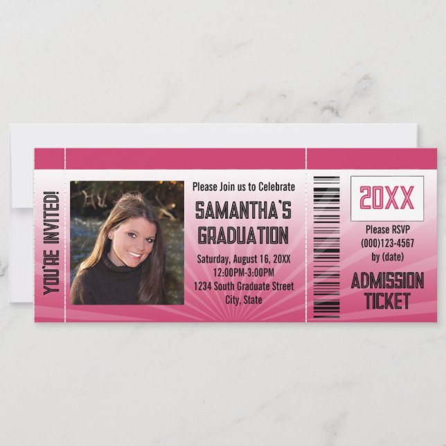 Invitation de billet de la fête de graduation rose (Devant)