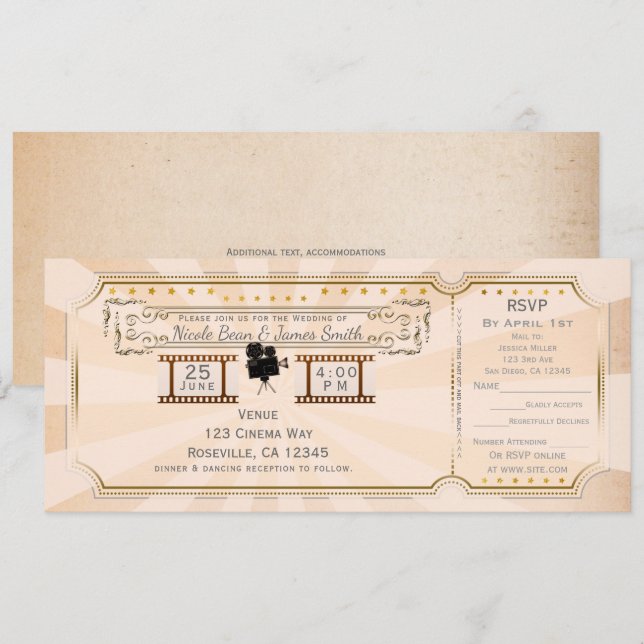 Invitation de billet de mariage de cinéma vintage  (Devant / Derrière)