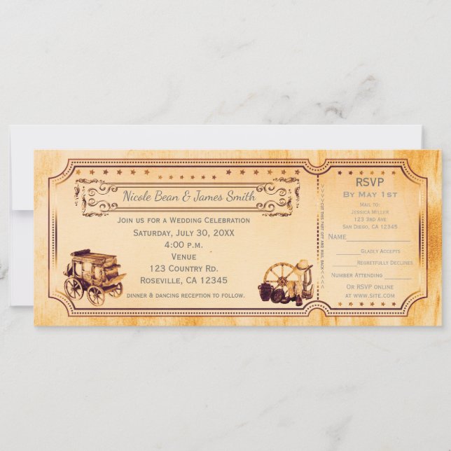 Invitation de billet de mariage western vintage &  (Devant)