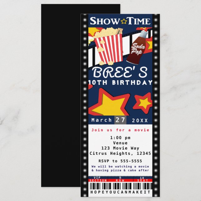 Invitation de billet de soirée VIP Popcorn Cinéma  (Devant / Derrière)