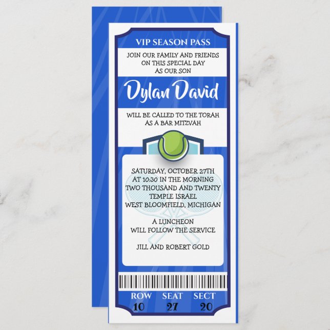 Invitation de billet de TENNIS Bar Mitzvah (Devant / Derrière)